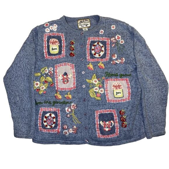Heirloom Collectibles Women's M Blue Sweater Cardigan Baking Garden Y2K 2000 - Picture 1 of 5